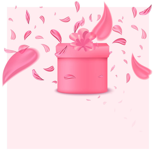 ファッショナブルなさくらのフラワー ボックス。ビューティー サロン、ショップ、ブログの流行の柔らかい色でファッション アクセサリー イラストを印刷します。ピンクの背景に分離記号. - ベクター画像