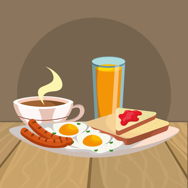 delicious tasty breakfast over wooden table cartoon vector illustration graphic design - Vector, Image