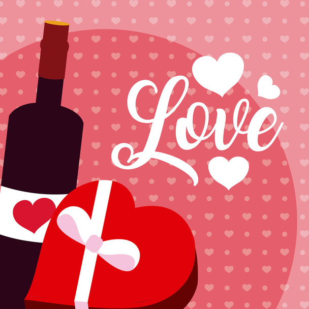 Χαριτωμένο αγάπη με κρασί μπουκάλι και giftbox κινούμενα σχέδια διανυσματικά εικονογράφηση Γραφιστικής - Διάνυσμα, εικόνα