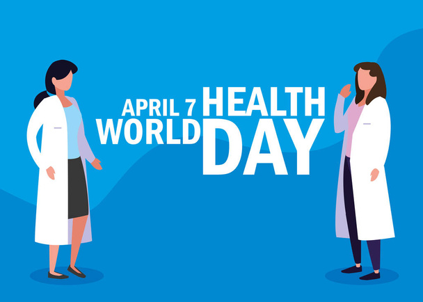 world health day card with doctors women - Vector, Image