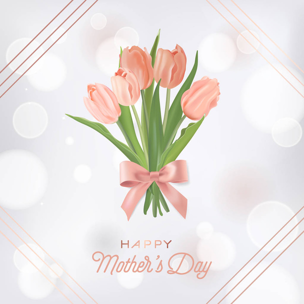 Mothers Day Banner Template with Tulips Flowers Bouquet. Mother Day Holiday Floral Greeting Card for Flyer, Brochure, Sale Spring Discount Template. Vector illustration - Vetor, Imagem
