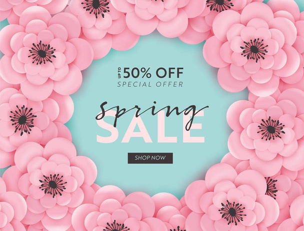 Spring Sale Banner Background with Paper Cut Flowers and Floral Elements. Spring Discount Voucher Template, Brochure, Poster, Advertising Promotion. Vector illustration - Vektori, kuva