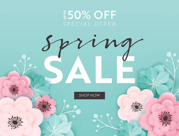 Spring Sale Banner Background with Paper Cut Flowers. Spring Discount Voucher Template, Brochure, Poster, Advertising Promotion. Vector illustration - Vector, imagen