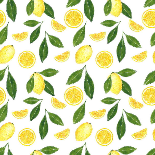 Citrus seamless pattern made of lemon and leaves, hand drawn botanical illustration isolated on white. - Fotografie, Obrázek