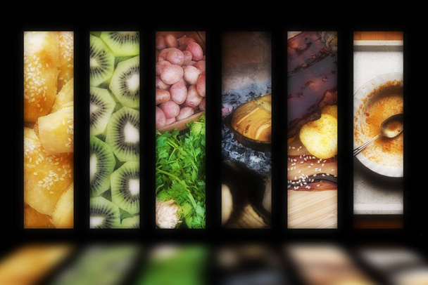 coloré lumineux fenêtre de produits alimentaires comme la publicité sur un fond noir
 - Photo, image