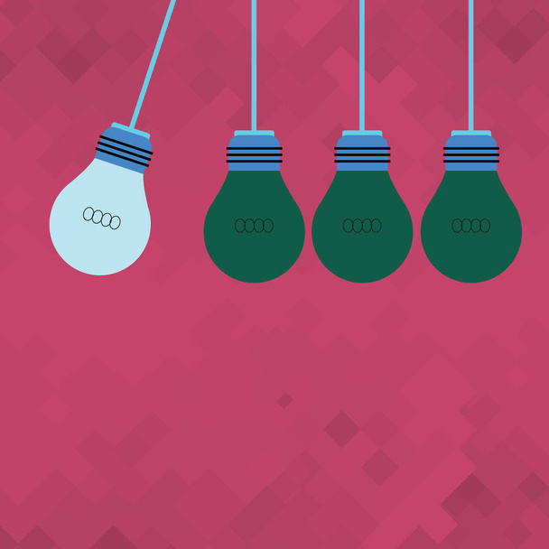 Иллюстрация разноцветной подвесной лампочки, висящей с одной лампочкой в разных оттенках. Креативный фон Идея лидерства, разнообразия, бизнес-стратегии и плаката
. - Вектор,изображение