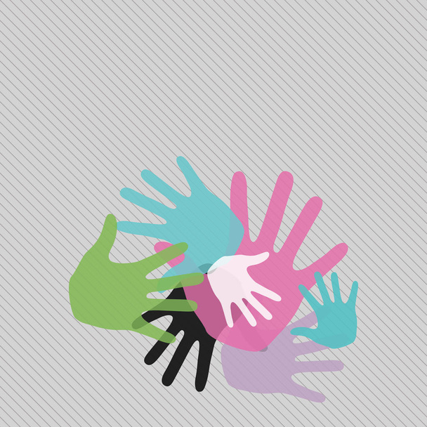 Színes kéz jelek különböző méretű átfedésben egymásra. Kreatív háttér ötlet csapat c épület bemutatása, jelentés, családi és művészi tevékenység, tanácsadó és poszter. - Vektor, kép