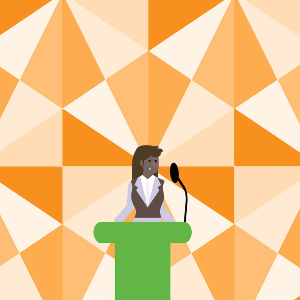 Woman in Business Suit Standing Behind Colorful Podium Rostrum photo and Speaking on Wireless Microphone. Businesswoman in Lectern Speaker Stand Talking on Built In Mic System. - Vector, Image