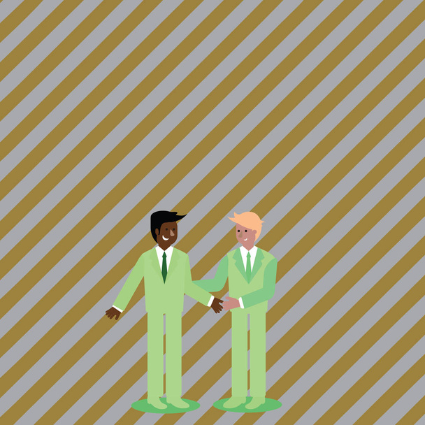 笑顔のビジネスマン、立っているとハンド シェーク。2 人の男性スーツ手ジェスチャーでお互いに挨拶します。導入や新しいベンチャーの完成のための創造的な背景のアイデア. - ベクター画像