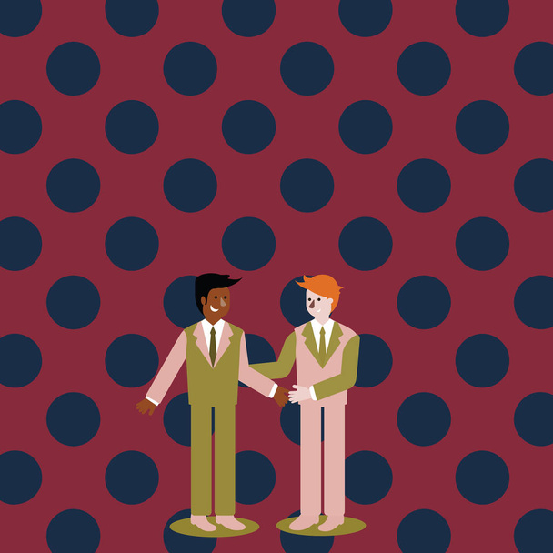 Бізнесмени, посміхаючись, стоячи і рукостискання. Двоє чоловіків в костюмі привітання один одного в руки, що тримає жест. Творчі фон ідея для введення або завершення новому підприємстві. - Вектор, зображення