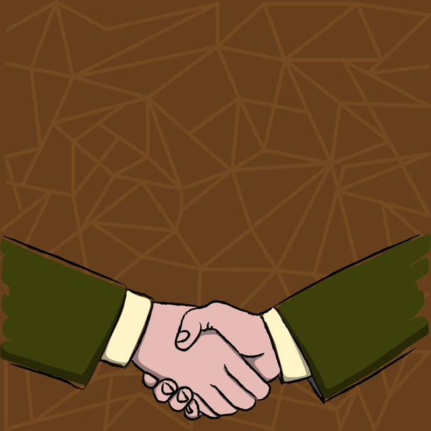 Illustrazione di due uomini d'affari che stringono le mani fermamente come forma di gesti di saluto, accoglienza, accordo o accordo chiuso. Contesto creativo Idea di riconoscimento e negoziati
. - Vettoriali, immagini