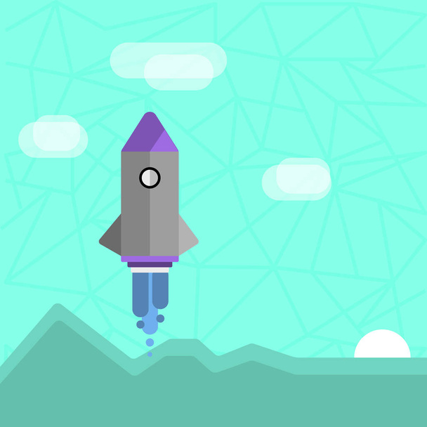 Nave spaziale colorata Navetta Rocketship lancio con montagne e nuvole. Idea di background creativo per nuovi prodotti, servizi e avviamenti di imprese Promozione e annunci
. - Vettoriali, immagini