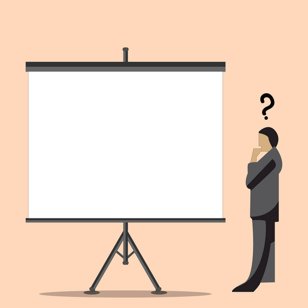 Man in Suit Standing with Question Mark Above his Head Looking at Blank Projector Board on Tripod. Illustration of Confused Businessman Thinking Beside White Big Screen on Stand. - Vector, Image
