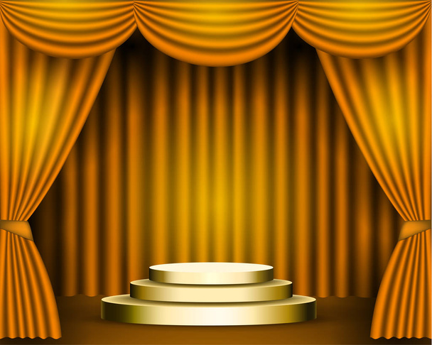 De gouden gordijnen zijn de portiers van het theater podium, en het gouden podium heeft drie stappen. Pedestal Awards feestelijke plechtige achtergrond. vector voorraad illustratie - Vector, afbeelding