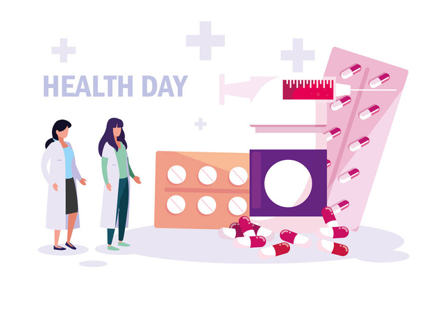 Weltgesundheitstag mit Arztfrauen und Medikamenten - Vektor, Bild
