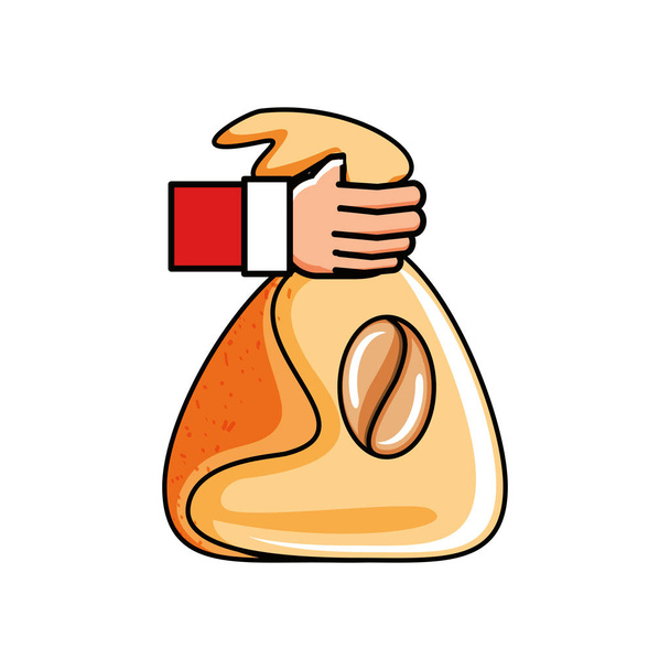 hand with bag coffee isolated icon - Vector, Image