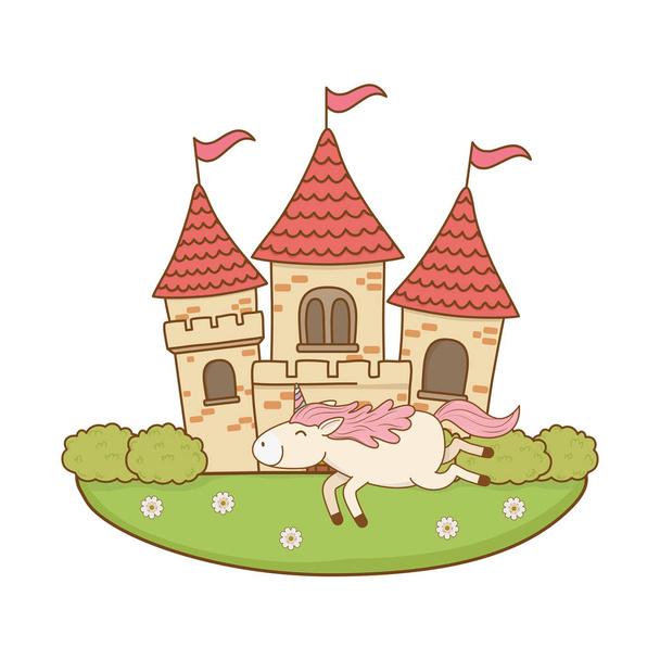 παραμύθι χαριτωμένο μονόκερος με κάστρο στο τοπίο σχεδιασμό εικονογράφηση διάνυσμα - Διάνυσμα, εικόνα