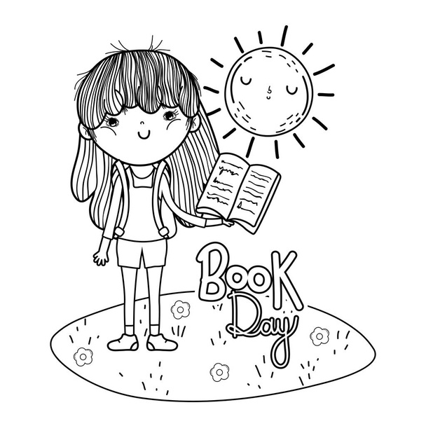 girl reading book with sun kawaii in the field vector illustration design - Vector, Image