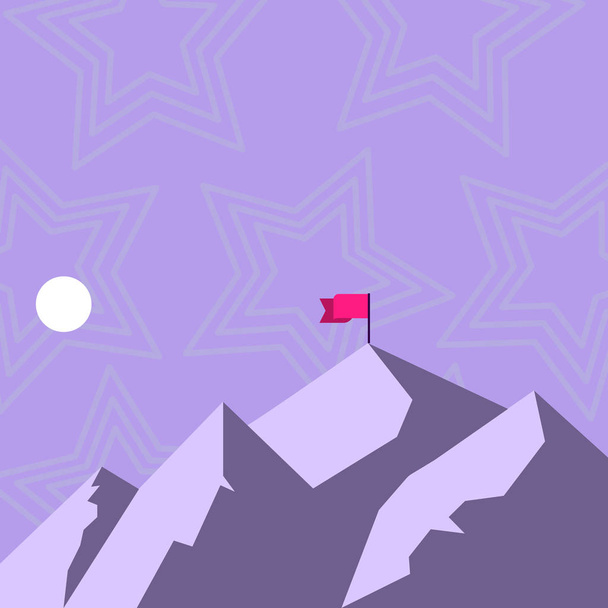 Näkymä vuorille ja kukkuloille varjo osoittaa kellonajan ja lippu Banner yksi huiput. Pyöreä kuu tai aurinko vasemmalla puolella, jossa tumma tai aurinkoinen varjostettu osa sijaitsee
. - Vektori, kuva