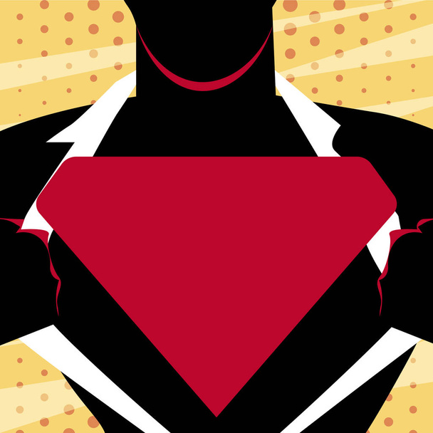 Ember a Superman jelentenek, inget, hogy felfedje üres háromszög logó megnyitása. Férfi sziluettje az ember az acél üres védjegye a mellén. Szuperhős profil a kebelén háromszög Emblémázott. - Vektor, kép