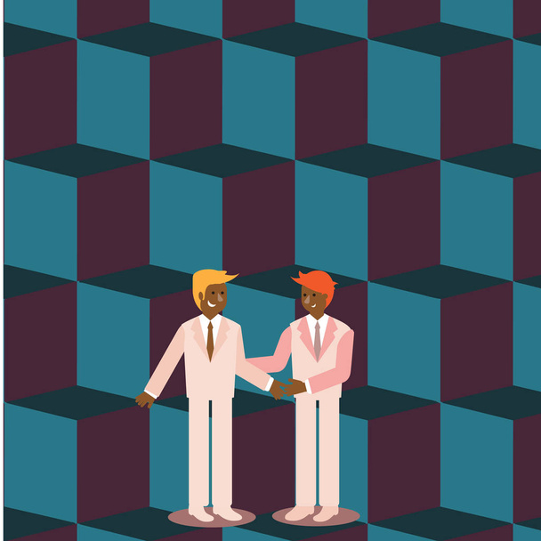 Бізнесмени, посміхаючись, стоячи і рукостискання. Двоє чоловіків в костюмі привітання один одного в руки, що тримає жест. Творчі фон ідея для введення або завершення новому підприємстві. - Вектор, зображення