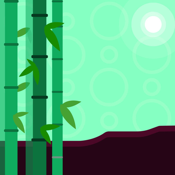 Ilustração de Planta Perene Colorida de Bambu Folhoso e Lua ou Sol com Feixe Redondo. Ideia de fundo criativo para a questão ambiental, crenças tradicionais, beleza e bem-estar
. - Vetor, Imagem