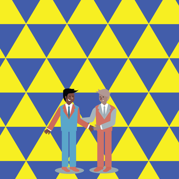 Businessmen Smiling, Standing and Handshaking. Two Men in Suit Greeting Each Other in Hand Holding Gesture. Creative Background Idea for Introduction or Completion of New Venture. - Vector, Image