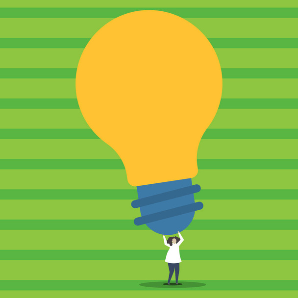 Illustration of Person Holding Above his Head Big Yellow Bulb. Human Standing and Raising Arms Upward with Huge Lightbulb. Background for Thinking of Many Great Ideas and Concepts. - Vector, Image