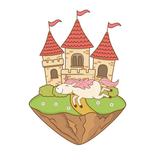 παραμύθι χαριτωμένο μονόκερος με κάστρο στο τοπίο σχεδιασμό εικονογράφηση διάνυσμα - Διάνυσμα, εικόνα