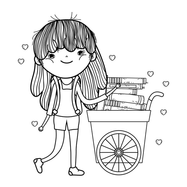 menina feliz lendo livros com design de ilustração vetorial carrinho
 - Vetor, Imagem