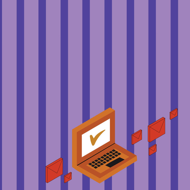 Mail enveloppen rond Laptop met vinkje op het scherm. Computer-laptop tussen kleurrijk brief behuizing. Achtergrond idee voor communicatie, Website Apps en innovatieve technologie. - Vector, afbeelding