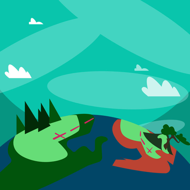 Ilustrace barevné zobrazení horská turistická stezka s značené turistické trase. Myšlenka kreativní pozadí pro outdoorové aktivity a dobrodružství, prostředí oznámení a plakát. - Vektor, obrázek