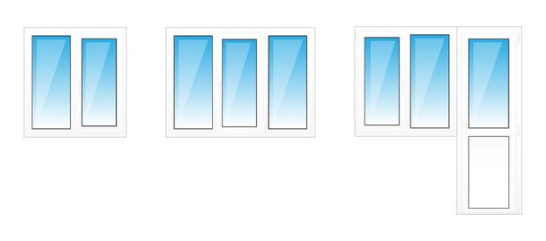 Vector instellen voor venster bedrijf. Het beeld van kunststof ramen en balkon blok. Dubbelglas venster in blauwe tinten met schittering op de glazen. Technische tekening - Vector, afbeelding
