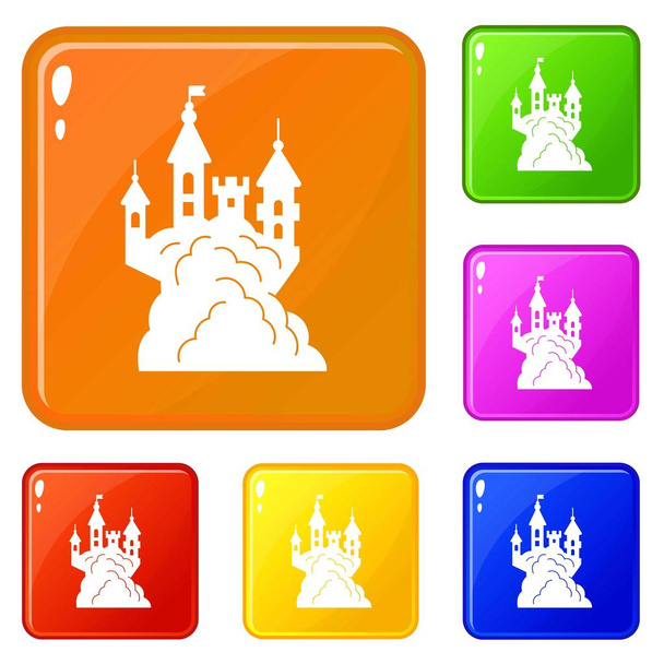 Scary halloween castle icons set vector color - Vector, imagen