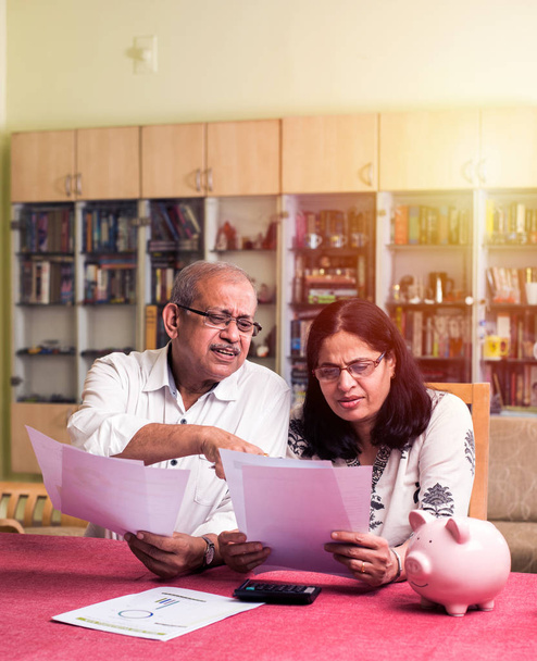 Старший індійського і азіатських пара, бухгалтерського обліку, роблячи будинку фінансів та перевірка рахунків з ноутбуком, калькулятор і гроші, сидячи в Головна сад - Фото, зображення