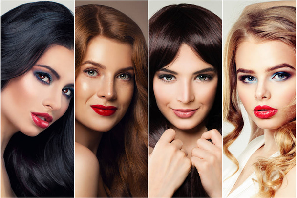 Haircare and hair coloring. Four woman with brunette, blond, brown and ginger hair - Fotó, kép