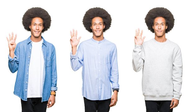 Koláž z mladého muže s afro vlasy bílé izolované pozadí zobrazení a ukázal prsty číslo čtyři současně s úsměvem a spokojené. - Fotografie, Obrázek