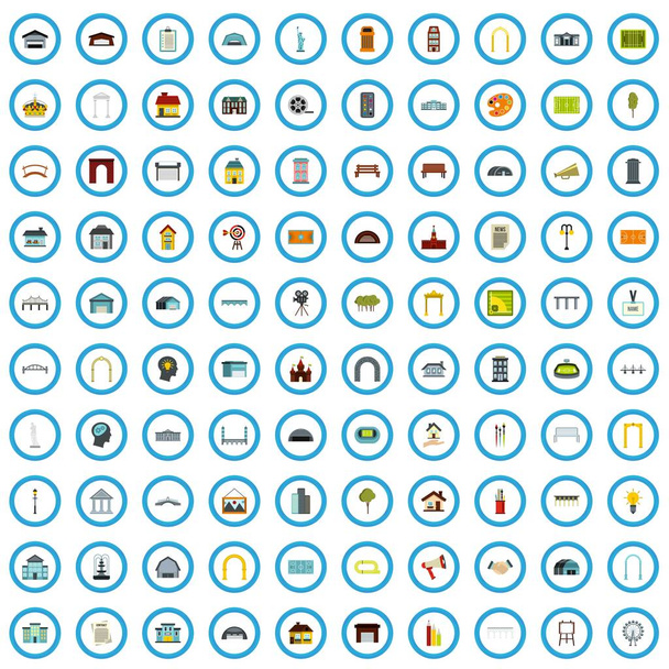 100 metropool reclame iconen instellen, vlakke stijl - Vector, afbeelding