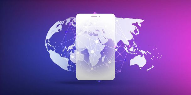 Глобальні мережі дизайн з мережі Mesh, глобус Землі і смартфон силует - вектор шаблон для вашого бізнесу  - Вектор, зображення