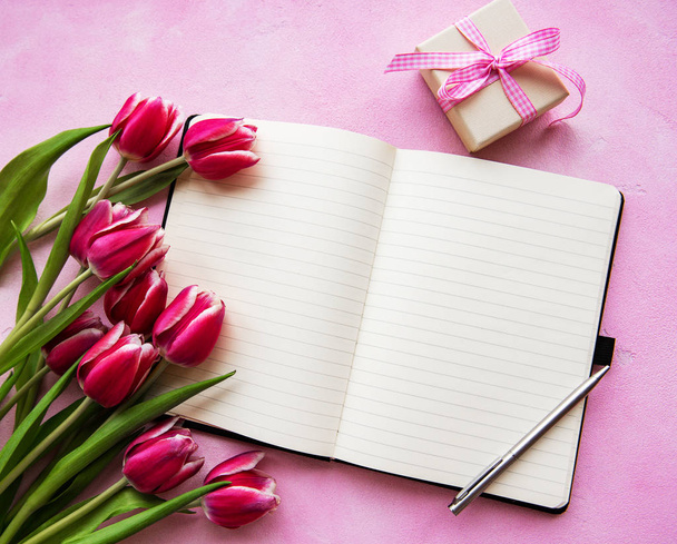 Notebook, gift box and pink tulips - Fotoğraf, Görsel