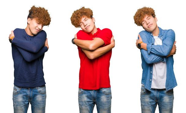 Collage of young man wearing different looks over isolated white background Hugging oneself happy and positive, smiling confident. Self love and self care - Photo, Image