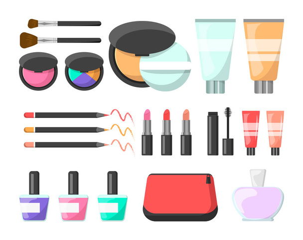 Make-up set. Crème, parfum, cosmetica borstel en mascara - Vector, afbeelding