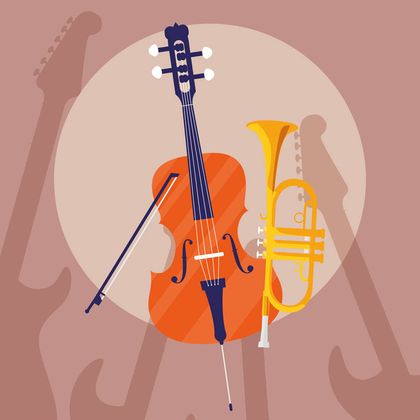 fiddle and trumpet instruments musical - Vector, Image