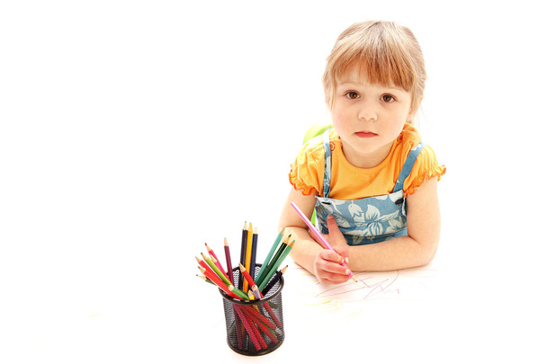 beautiful little girl drawing with pencils - Photo, image