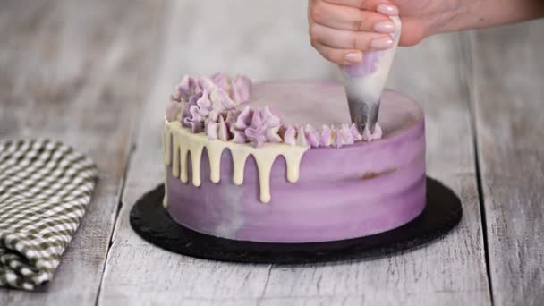 Σεφ διακόσμηση κέικ με κρέμα. - Πλάνα, βίντεο