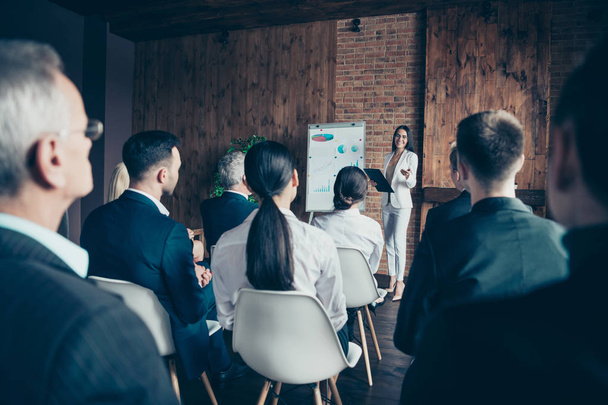 Crowd of nice elegant stylish intelligent sharks listening to presentation new strategy growth speaker ceo boss chief corporate conference at industrial loft interior work place space - Foto, imagen