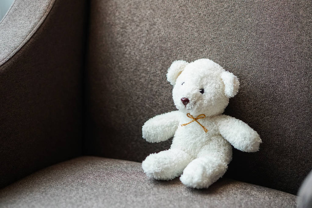 urso de pelúcia branco boneca brinquedo sentar em um sofá sofá
 - Foto, Imagem