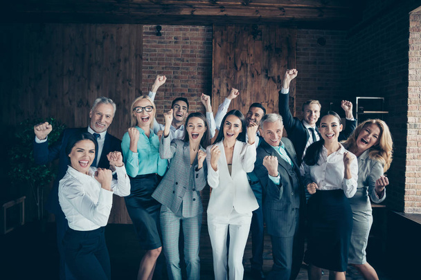 Close up photo yelling diversity different age multiethnic mixed race business people stand she her he him his best brigade hands arms raised up project got first place formalwear jackets shirts - Fotoğraf, Görsel