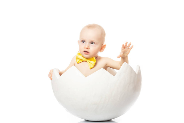 Cute newborn, birth in egg in Easter egg on white background. baby in egg shell with a yellow butterfly. children's party - Foto, Imagen