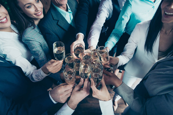 Cropped top above high angle view close up photo business people crowd diversity age race team members gathering she her he him his clink golden wine say toasts congrats formal wear jackets shirts - Fotoğraf, Görsel